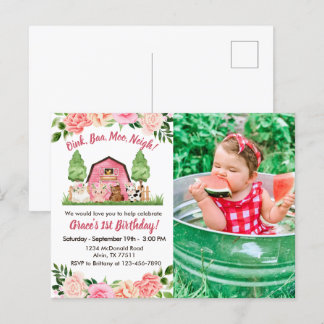 Pink Farm Photo 1er Anniversaire Invitation
