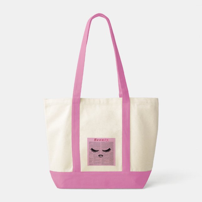 Pink Feminine Art Tote Bag – Lash & Lips Collage  (Dos)