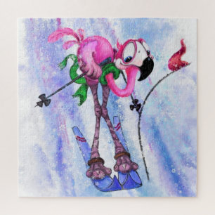 Pink Flamant rose Skier Jigsaw Puzzle Carton