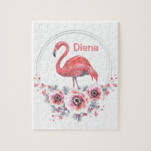 Pink Flamingo, bird, watercolor Jigsaw Puzzle
