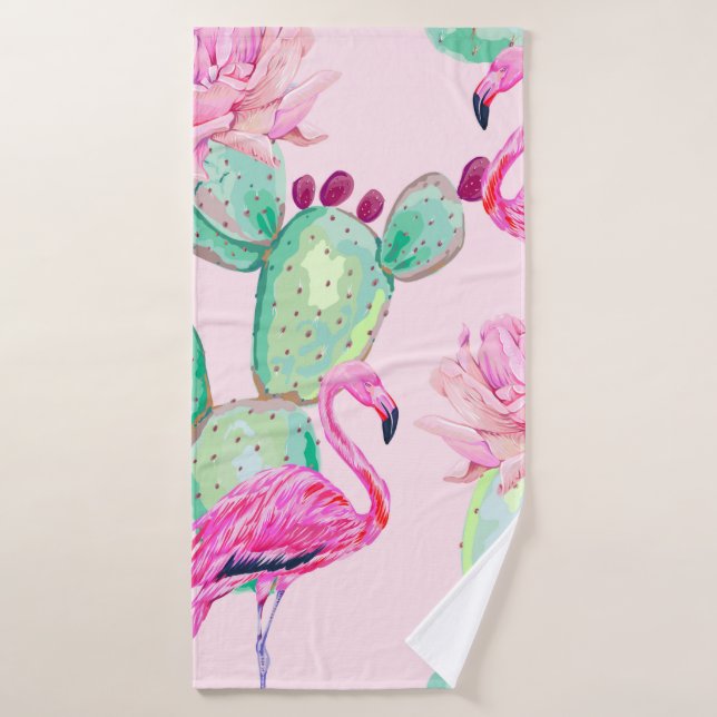 Pink flamingo, exotic birds, gentle flowers, rose, (Serviette de bain)