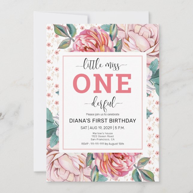 Pink Floral 1st Birthday Invitation (Devant)