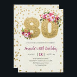 Pink Floral 80th Birthday Invitation<br><div class="desc">Pink Floral et Gold Parties scintillant carte d'invitation pour la fête d'anniversaire 80e avec numéro de Parties scintillant</div>