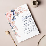 Pink Floral 80th Birthday Party Script Invitation<br><div class="desc">Annoncez et célébrez l'anniversaire à venir avec notre invitation florifère pastel rose indigo bleu aquarelle moderne. Doté d'une belle aquarelle botanique fleurie. Il vous suffit de personnaliser avec les détails de votre partie en cliquant sur le bouton customiser pour réorganiser et formater le style et le placement du texte. Au...</div>