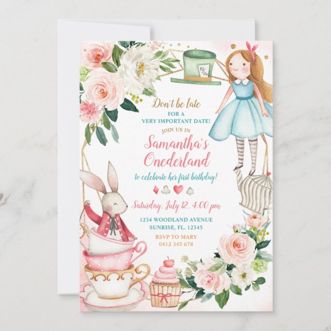 Pink Floral Alice Thé 1er anniversaire Invitation  (Devant)