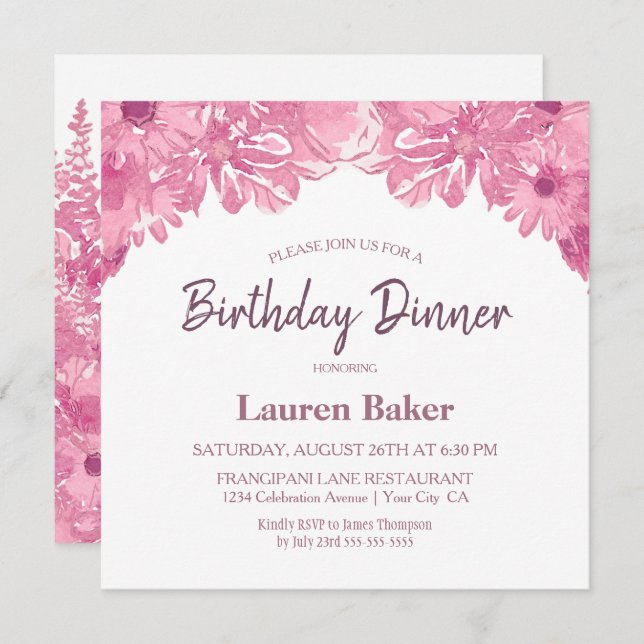Pink Floral Anniversaire Dîner Fête Invitation (Devant / Derrière)