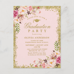 Pink Floral Aquarelle Graduation Party Invitation