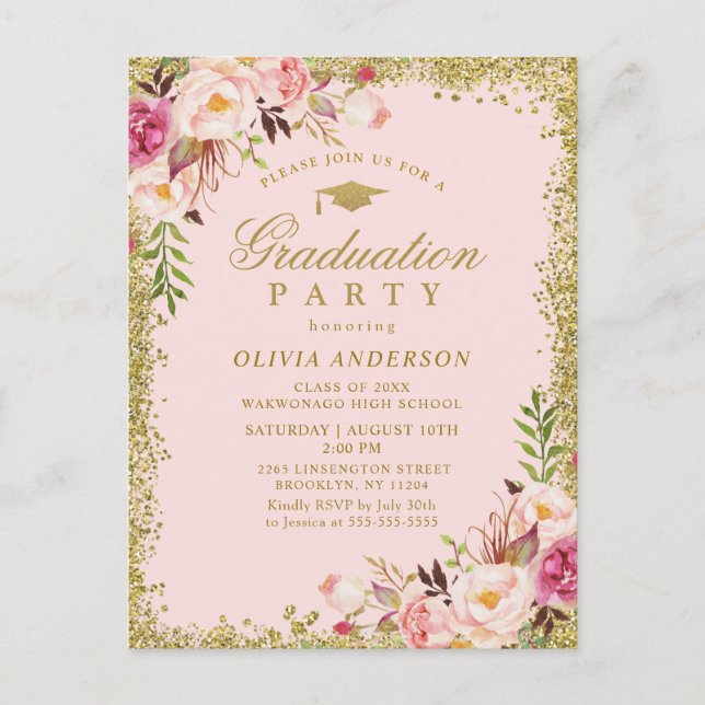 Pink Floral Aquarelle Graduation Party Invitation (Devant)