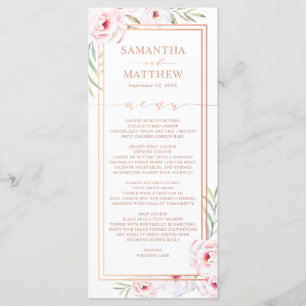 Pink Floral Aquarelle Rose or Mariage Menu