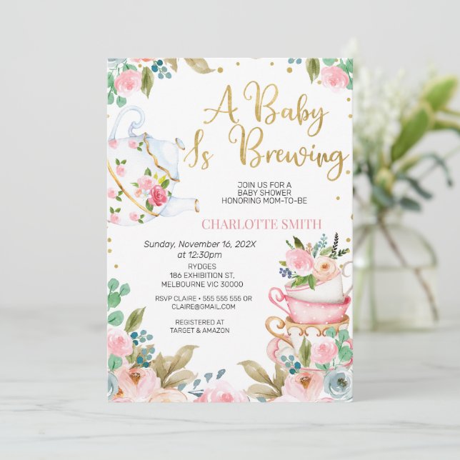 Pink Floral Baby brasse Baby shower Invitation (Debout devant)