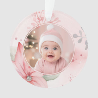 Pink Floral Baby First Christmas Photo Ornament