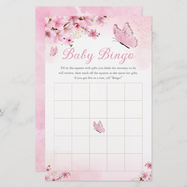 Pink Floral Baby shower Bingo Jeu (Devant / Derrière)