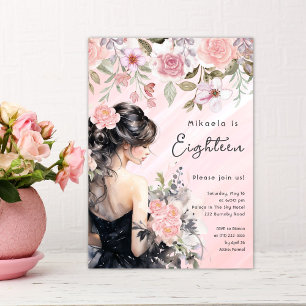 Pink Floral Black Gown 18e anniversaire Invitation