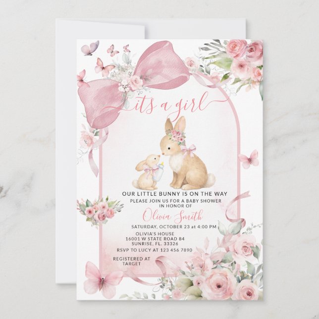 Pink Floral Bunny Pink Bow Baby Shower Invitation (Devant)