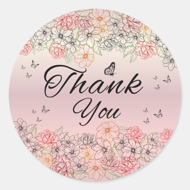 Pink Floral Butterfly Round Thank You Sticker (Devant)