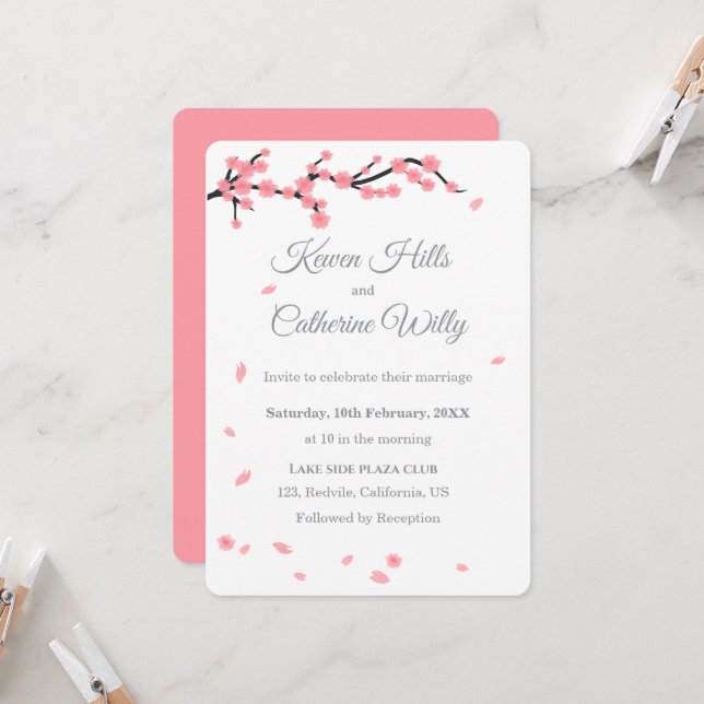 Pink Floral Cherry Blossom Wedding Invitation (Devant/Arrière en situation)
