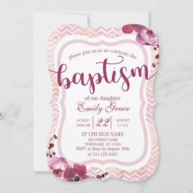 Pink Floral Chevron Baby Girl Baptism Invitation (Devant)