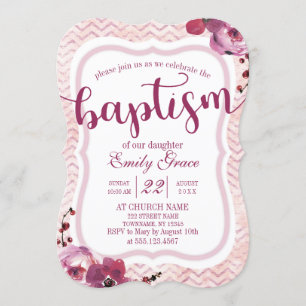 Pink Floral Chevron Baby Girl Baptism Invitation