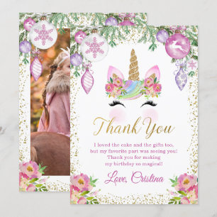 Pink Floral Christmas Unicorn Photo Carte de remer