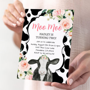 Pink Floral Cow Farm Invitation Anniversaire