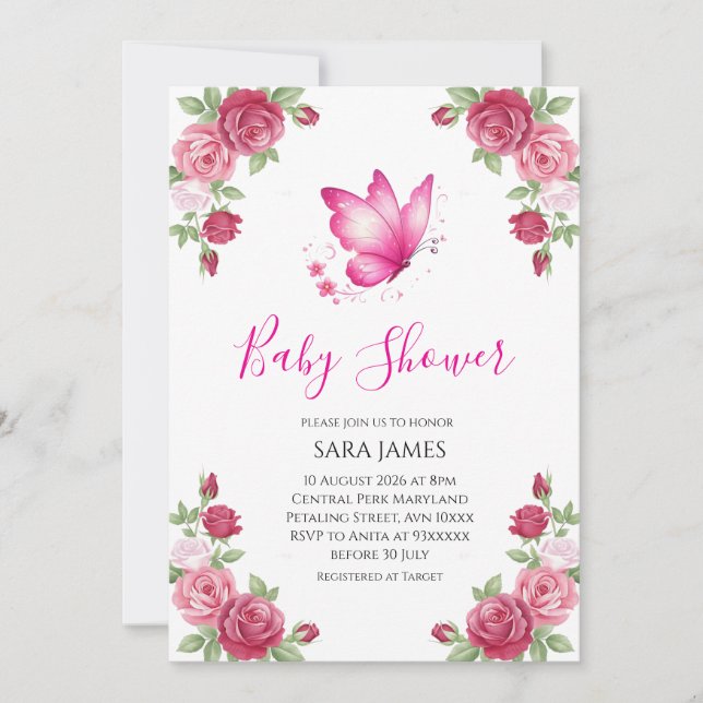 Pink Floral Cute Butterfly Baby Shower Invitation (Devant)