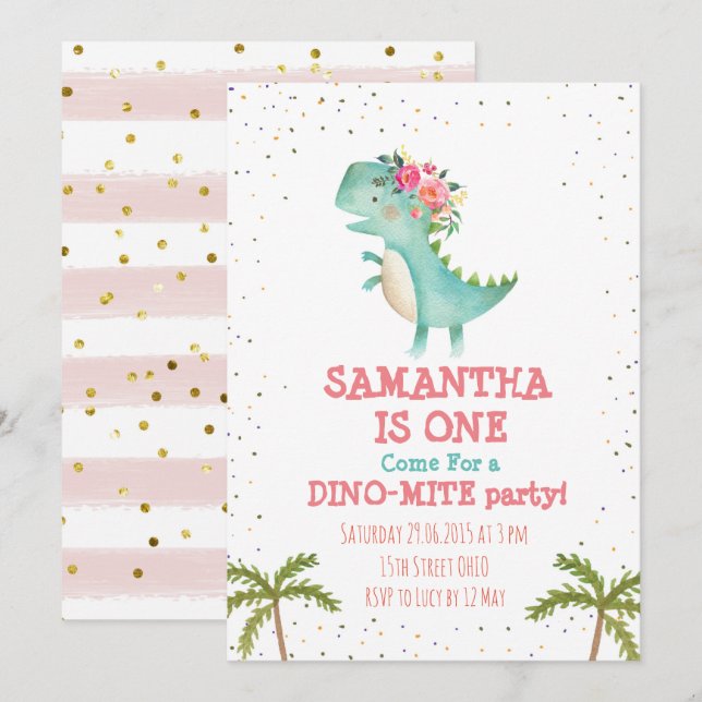 Pink Floral Dino Premier Invitation de fête d'anni (Devant / Derrière)