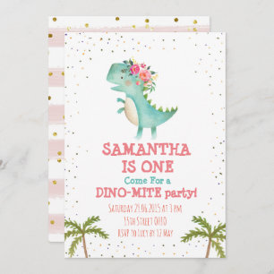 Pink Floral Dino Premier Invitation de fête d'anni