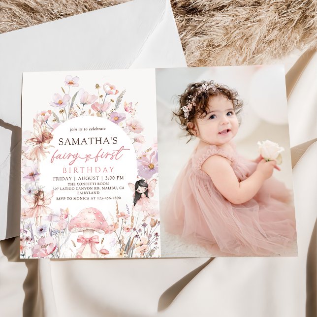 Pink Floral Fairy First Birthday Photo Invitation (Créateur téléchargé)