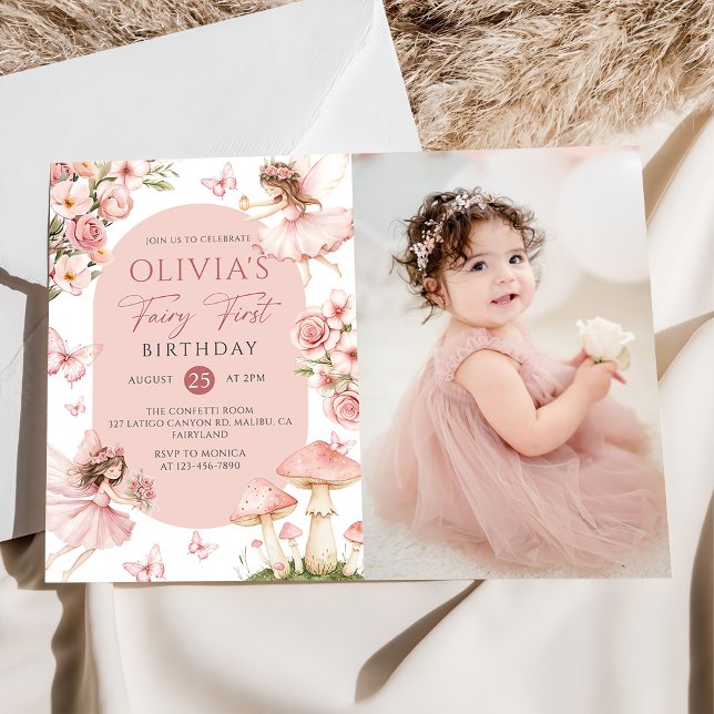 Pink Floral Fairy First Birthday Photo Invitation (Créateur téléchargé)