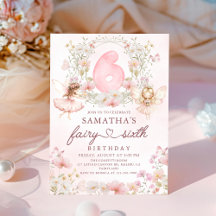 Pink Floral Fairy Garden 6th Birthday Invitation