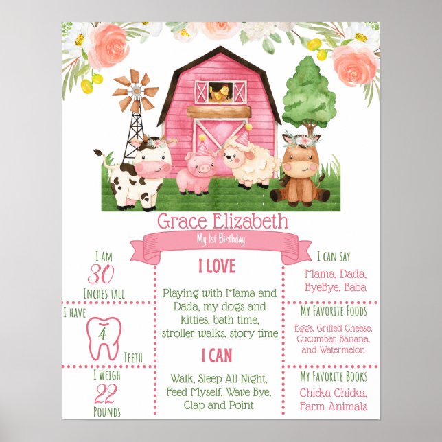 Pink Floral Farm 1er Anniversaire Poster de jalon (Devant)