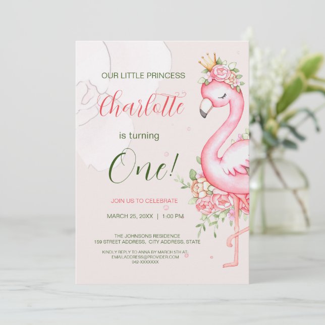 Pink Floral Flamingo Girl Birthday Invitation (Debout devant)