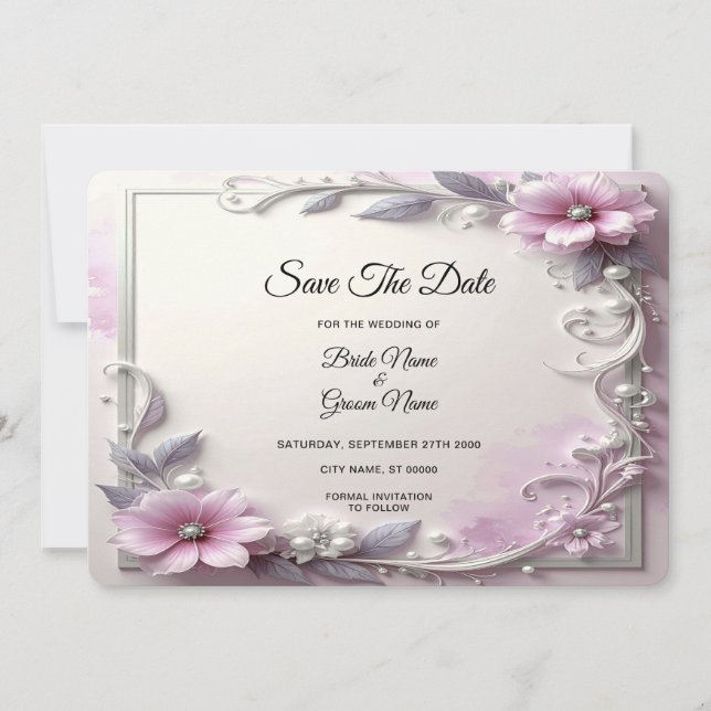 Pink Floral Frame Save The Date (Devant)