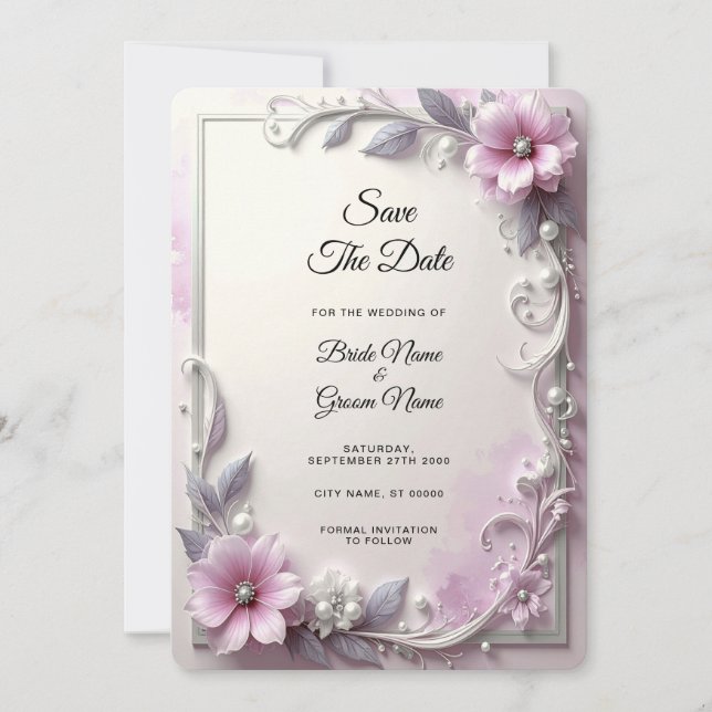 Pink Floral Frame Save The Date (Devant)