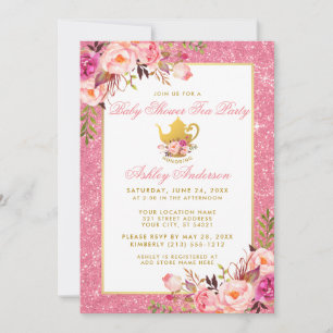 Pink Floral Gold Baby shower Tea Party Invitation 