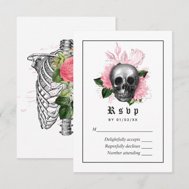 Pink Floral Gothic Skeleton Wedding Carte RSVP (Devant / Derrière)