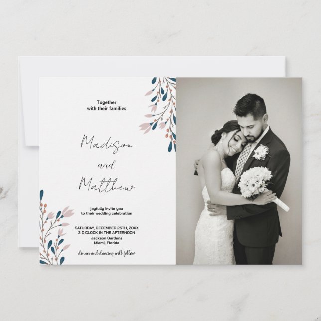Pink Floral Green Wedding Invitations avec photo (Devant)