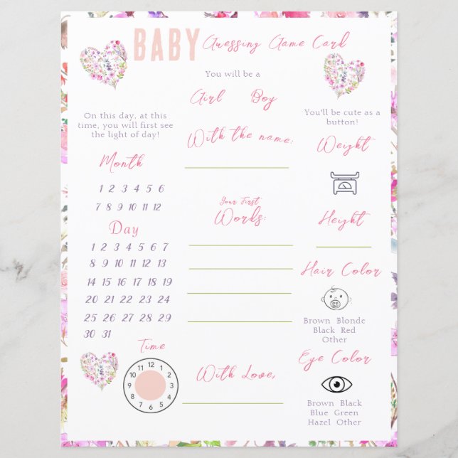 Pink Floral Heart Baby In Bloom Baby shower Jeu (Devant)