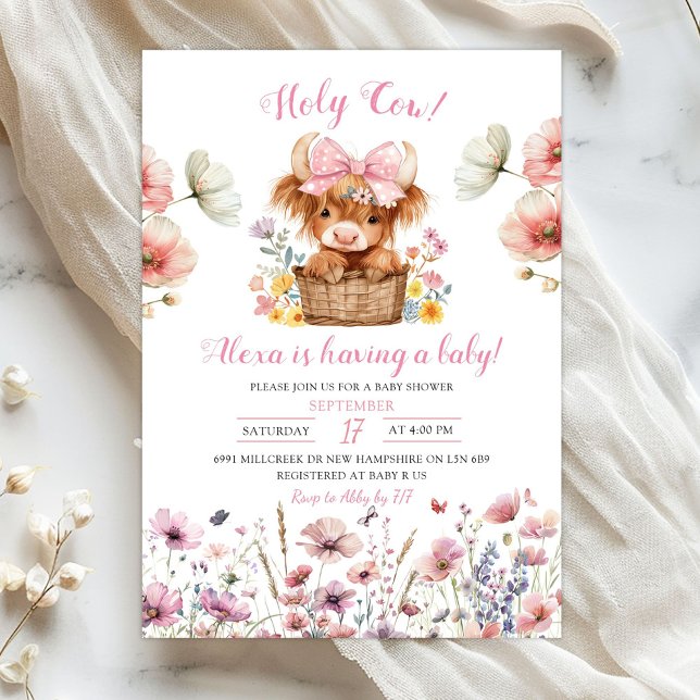 Pink Floral Heifer Bull Baby Shower Invitation (Créateur téléchargé)