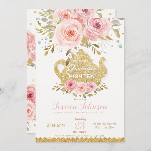 Pink Floral High Tea Graduation Party Invitation (Devant / Derrière)