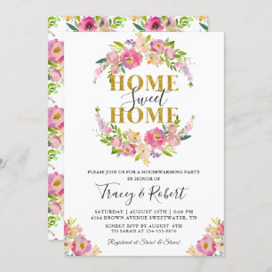 Pink Floral Home Sweet Home Ménage Invitation