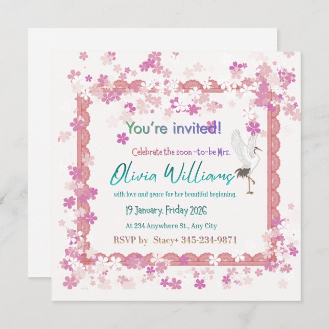 Pink Floral Lace Stork Bridal Shower Invitation |  (Devant / Derrière)