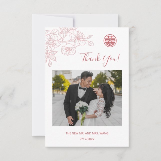 Pink Floral Line Art Mariage photo Merci (Devant)