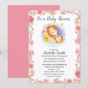 Pink Floral Lion Maman Baby shower Invitation
