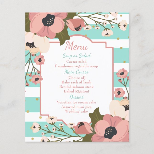 Pink Floral Menu Mint Blue Stripes Mariage (Devant)