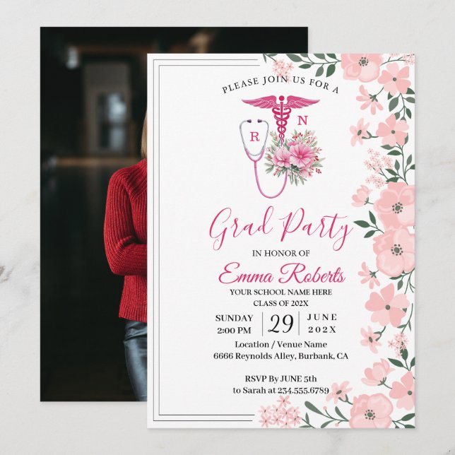 Pink Floral Nurse Graduation Invitation | RN BSN G (Devant / Derrière)