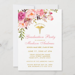 Pink Floral Nurse Graduation Party Invitation P