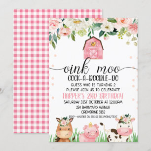 Pink Floral Plaid Farm Animal Invitation Anniversa