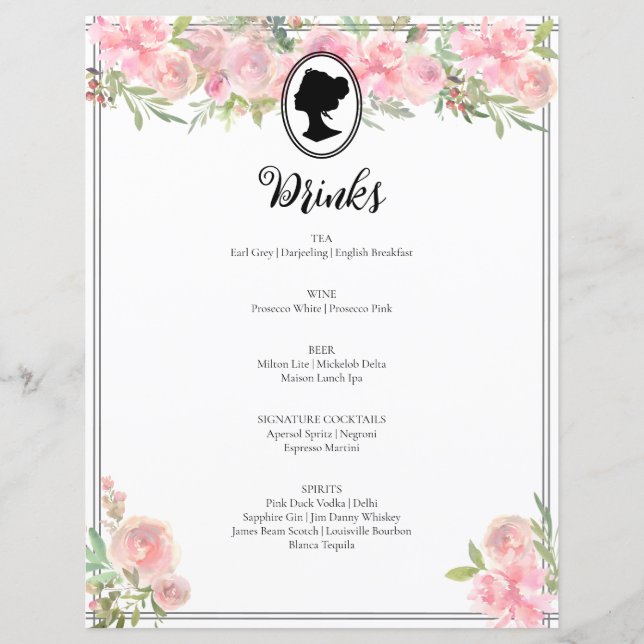 Pink Floral Regency Fête des mariées Cocktail Menu (Devant)