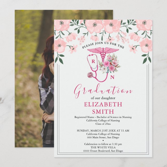 Pink Floral RN Nursing Graduation Invitation | BSN (Devant / Derrière)